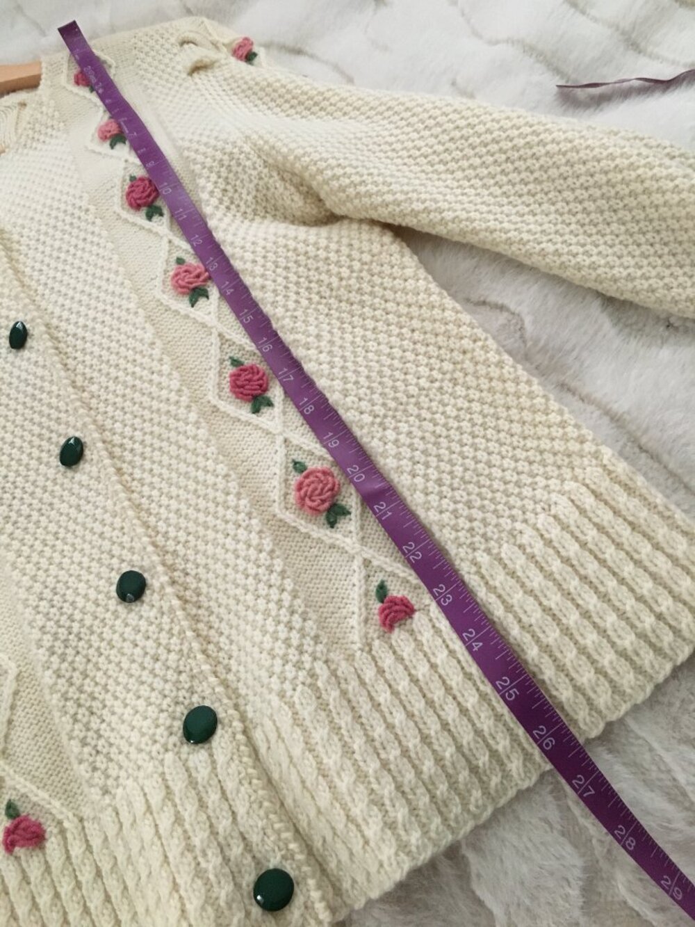 Vintage Hand-Knit 3D Rose Cardigan Sweater Cream Cottagecore Mori Kei - Picture 15 of 16